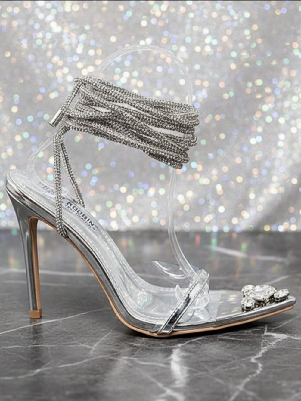 Silver Crystal Ankle-Tie Stiletto Sandal